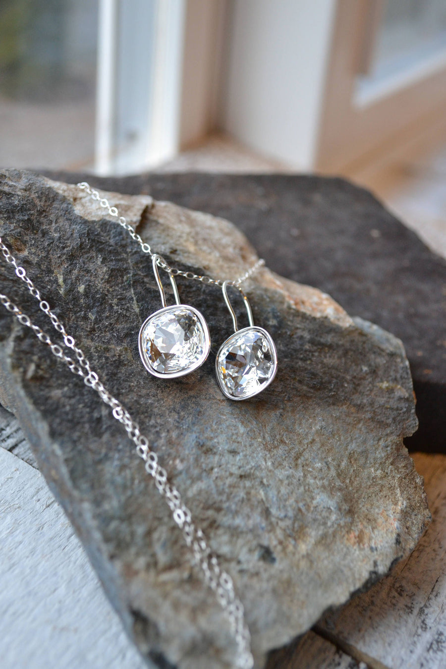 Swarovski Crystal Drop Earrings, Square Rhinestone Earrings, Silver Diamond Bridal Earrings, Wedding Jewelry Set for Bride, Bridesmaids Gift