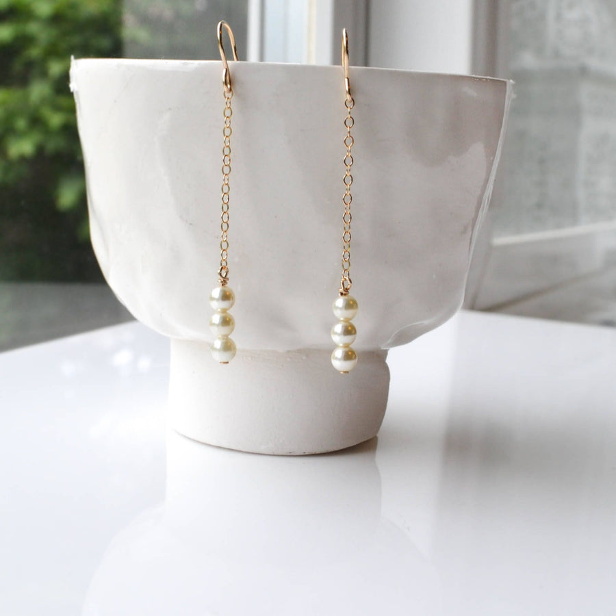 Minimal Pearl and Chain Drop Earrings, Long Pearl Dangle Earring - Wedding Three Pearl Earring, Cream, White Pearls - Bridesmaids Classic