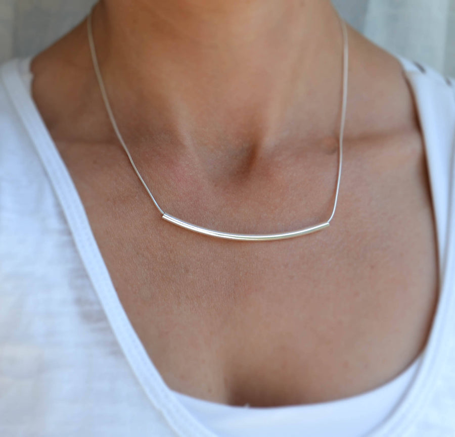 Snake Chain, Unique Long Bar Necklace, Solid Sterling Silver Tube Necklace, Curved Bar Necklace, Long Silver Bar Necklace