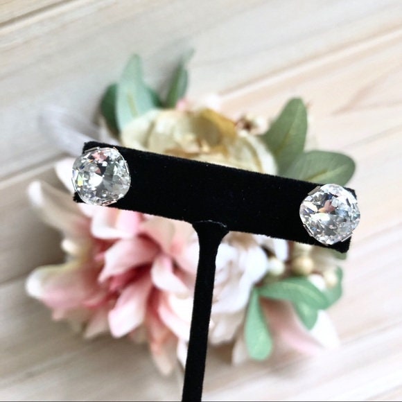 Vintage Cushion Cut Swarovski Crystal Studs in Sterling Silver or Gold Filled, Large CZ Post Earrings, Square Diamond Bridesmaids Gift