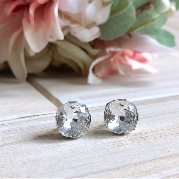 Vintage Cushion Cut Swarovski Crystal Studs in Sterling Silver or Gold Filled, Large CZ Post Earrings, Square Diamond Bridesmaids Gift