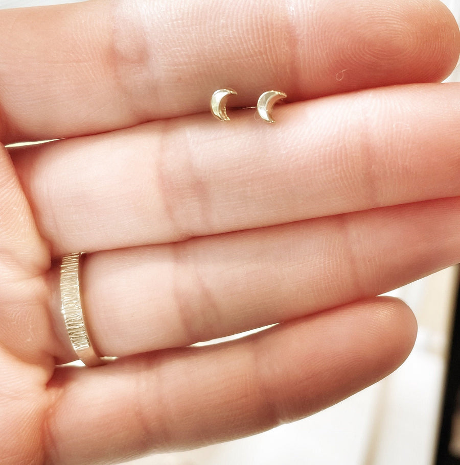 Solid Gold Crescent Moon Stud Earrings, 14k Gold Moon Earrings, Second Hole Earrings, 4mm Studs, Tiny Gold Earrings, Gold Stud