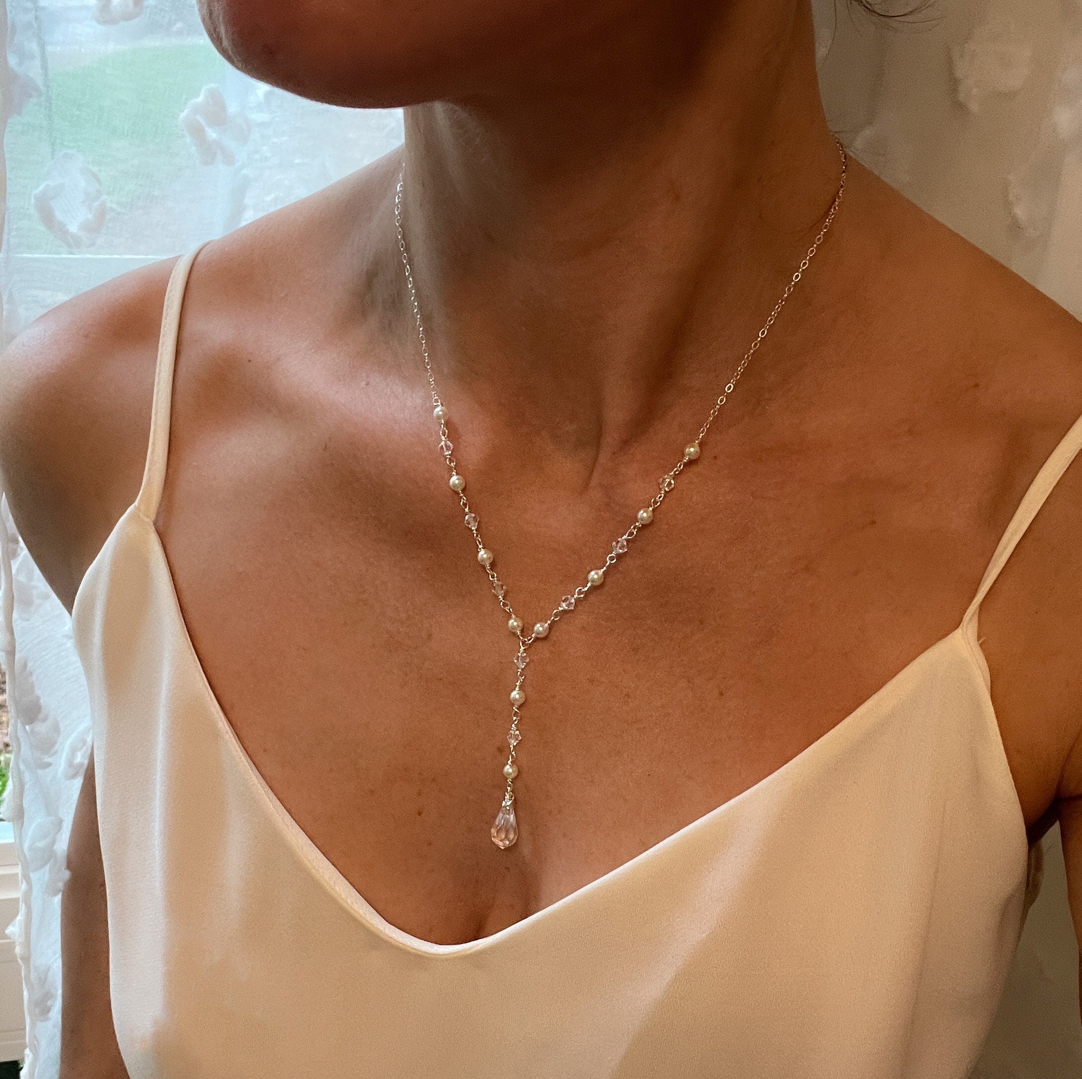 Long Lariat Necklace, Pearl & Crystal Y Necklace