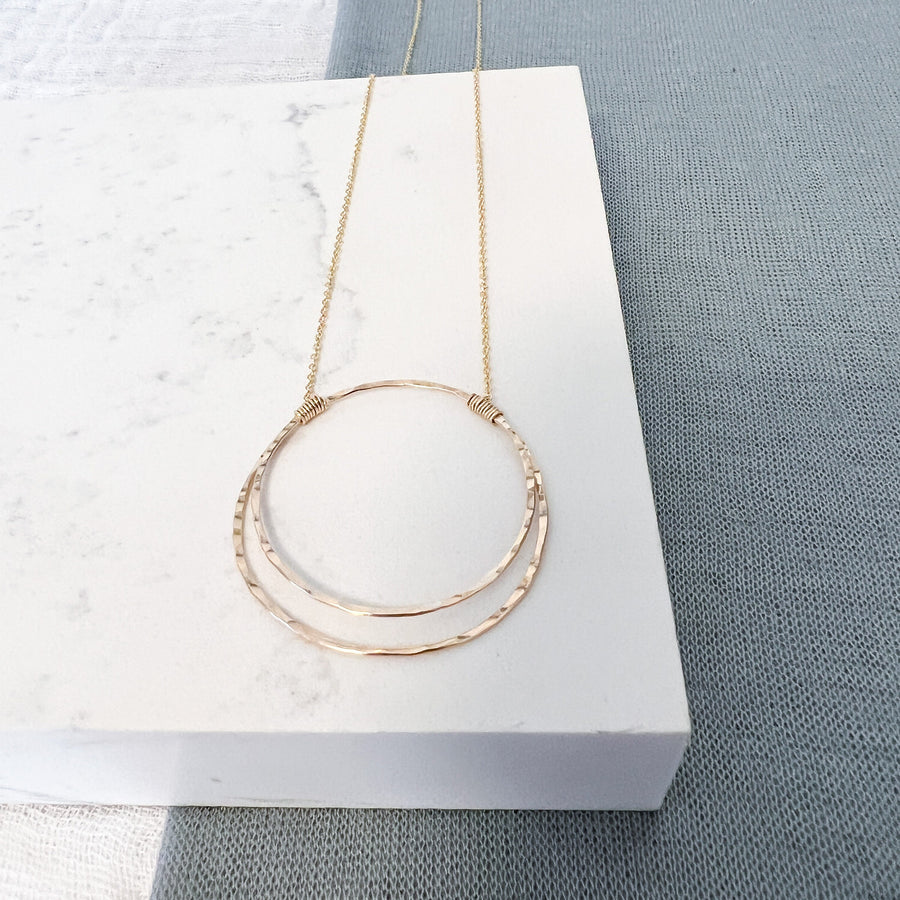 Hammered Gold Necklace, Gold Circle Necklace, Gold Pendant, Karma Necklace, Two Circle, Gold Bridesmaid Necklace, Double Circle Charm