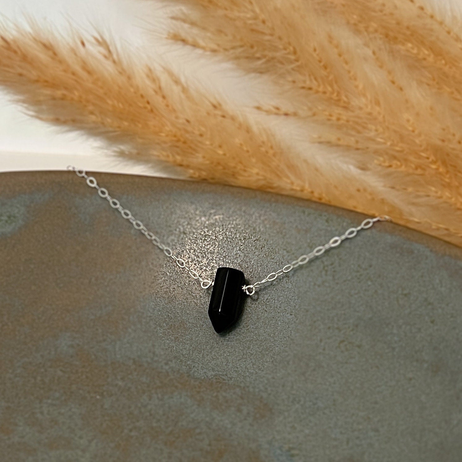 Black Onyx Point Necklace - Point Crystal Pendant Necklace - Healing Crystal Point Jewelry