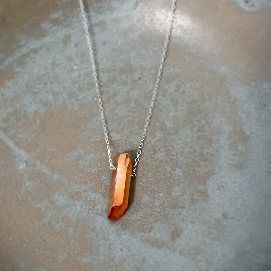 Raw Aura Healing Crystal Necklace in Gold Filled or Sterling Silver- Peach Quartz Pendant Necklace, Point Crystal on Thin GF Gold Chain