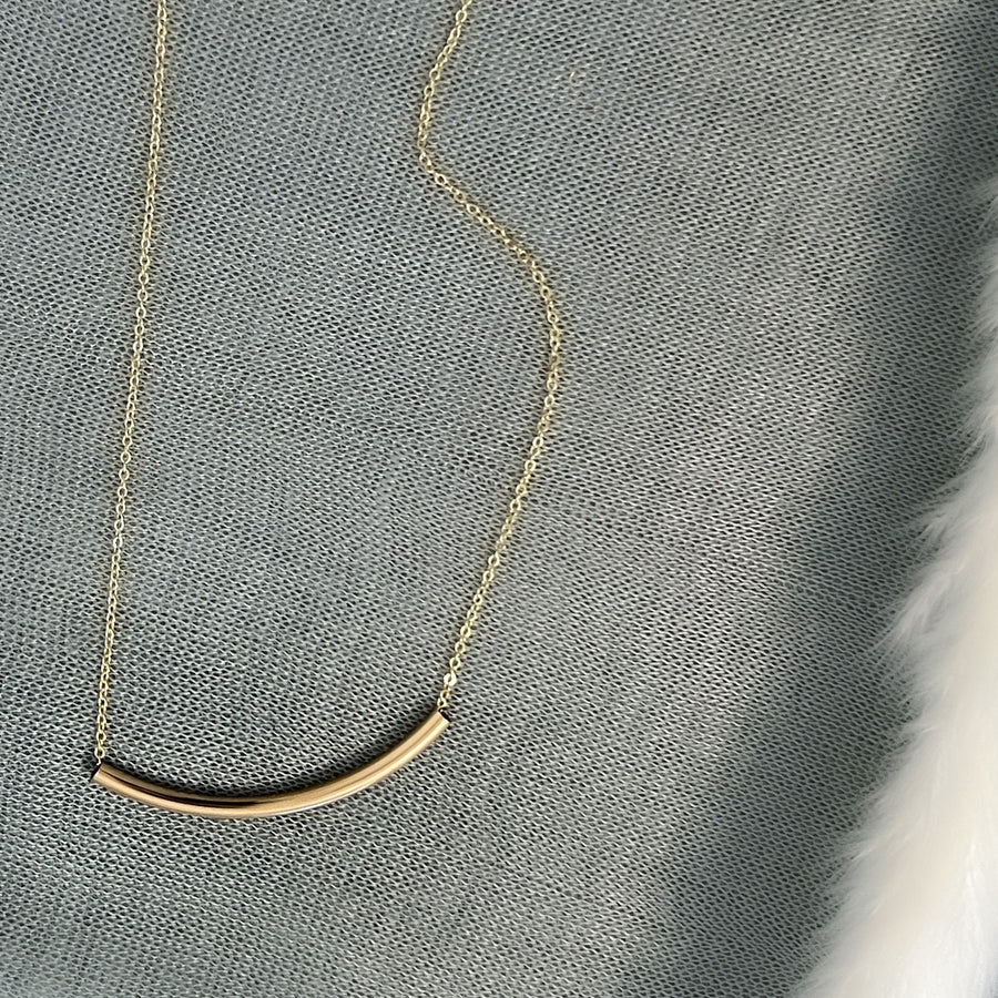 Long Curved Bar Necklace, Floating Gold Bar Necklace, Thin Gold Necklace, Gold Tube Necklacd