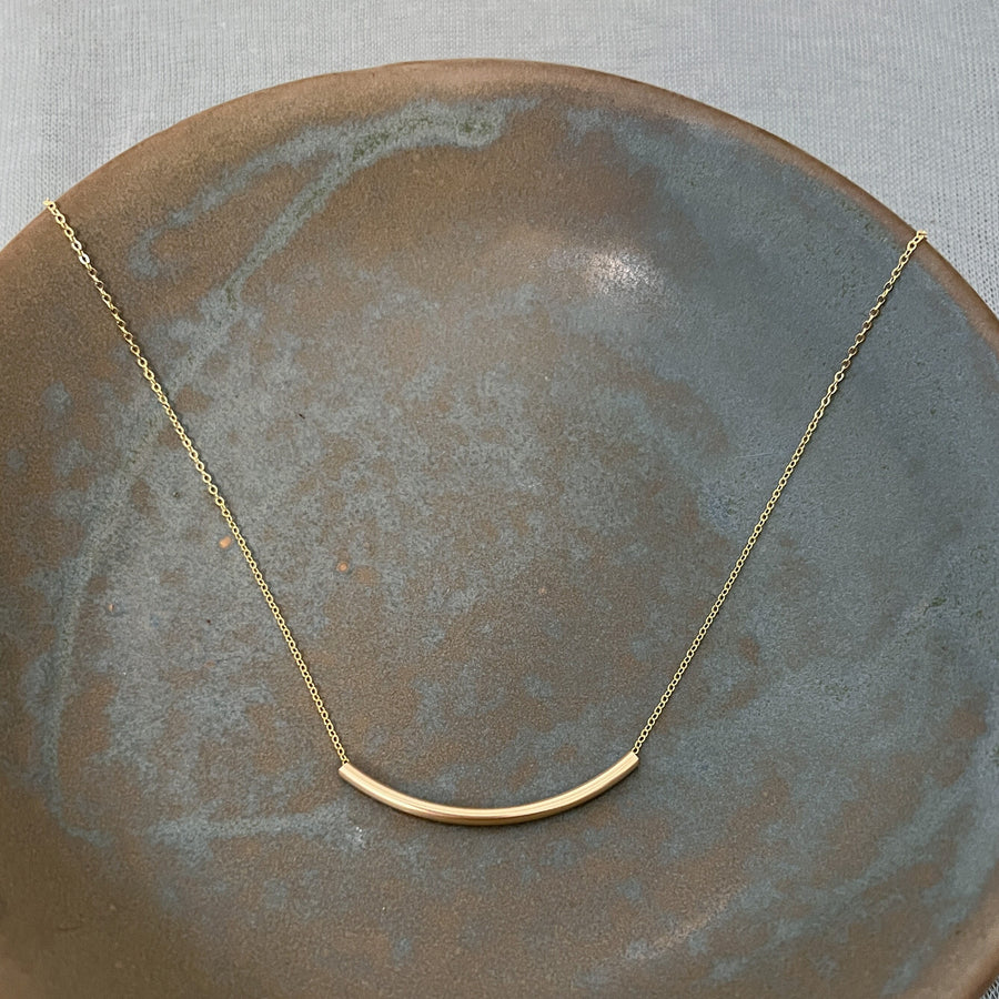 Long Curved Bar Necklace, Floating Gold Bar Necklace, Thin Gold Necklace, Gold Tube Necklacd