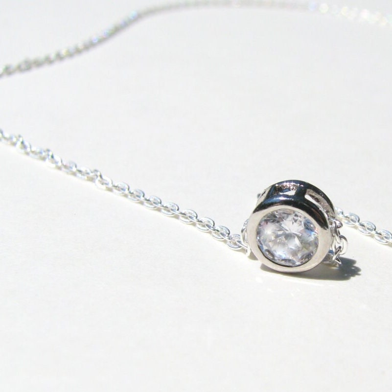 Floating Solitaire, Sterling Silver, Bezel CZ Necklace, Cubic Zirconia Diamond, Bridesmaid Gift , Rhinestone Crystal, Layering Jewelry