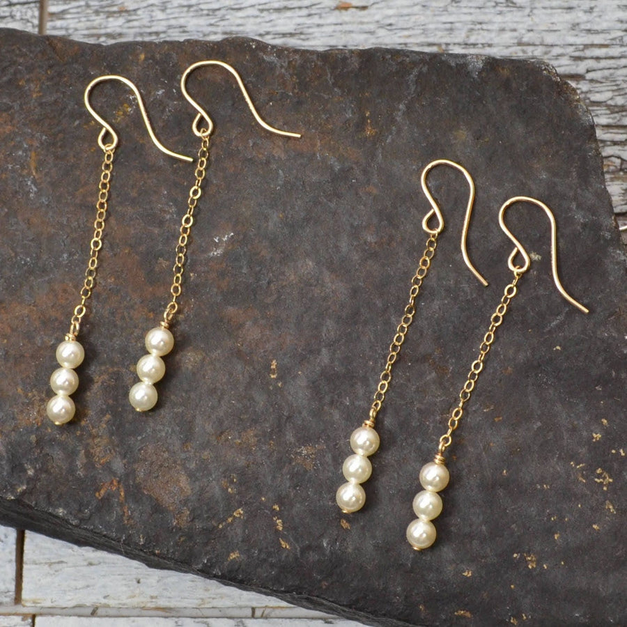 Minimal Pearl and Chain Drop Earrings, Long Pearl Dangle Earring - Wedding Three Pearl Earring, Cream, White Pearls - Bridesmaids Classic