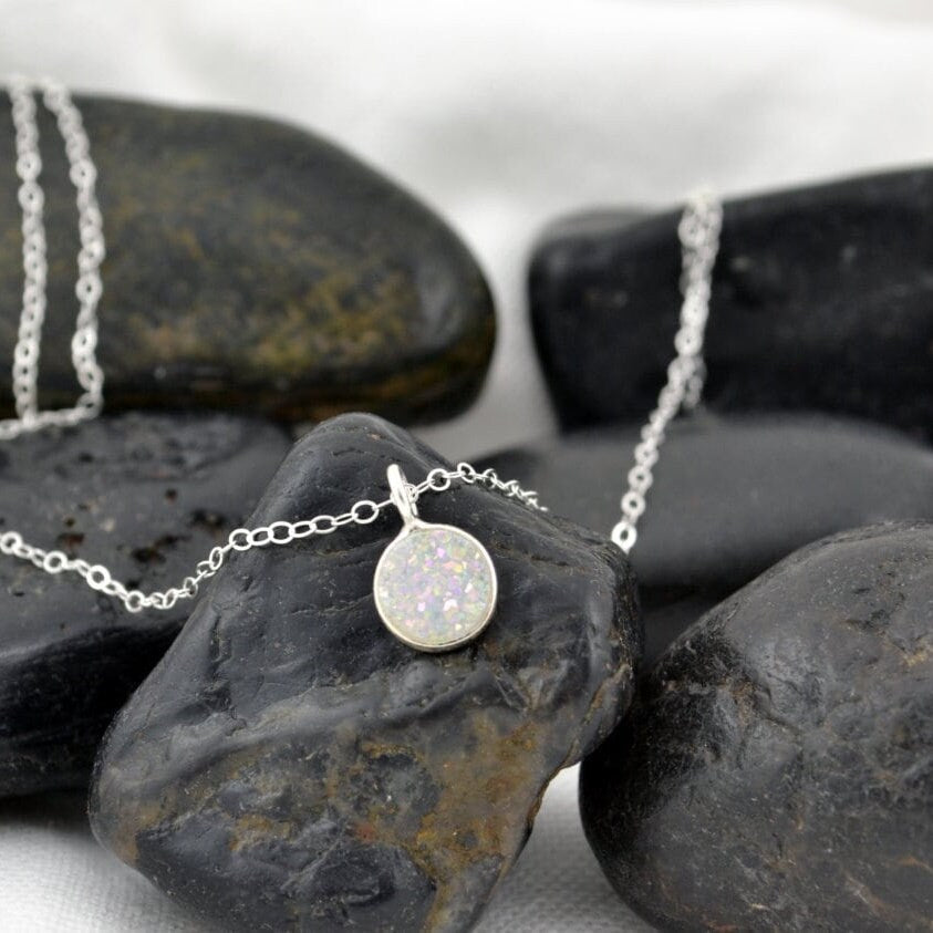 Iridescent White Raw Druzy Necklace in Gold Filled or Sterling Silver, Rainbow AB Druzy Coin Pendant Charm Jewelry