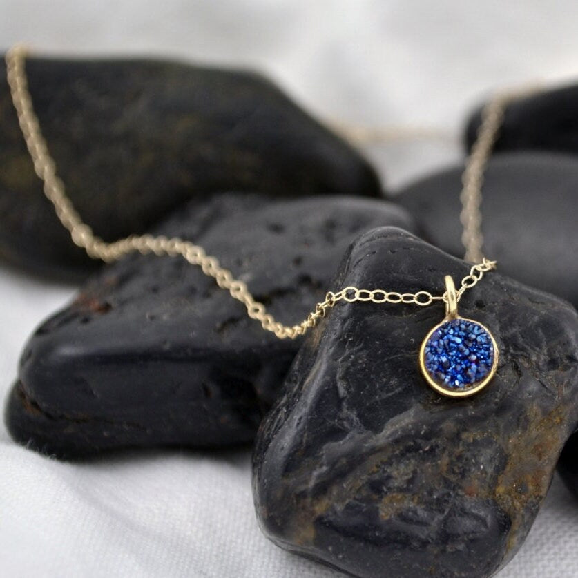 Small Midnight Blue Druzy Coin Necklace in Gold Filled or Sterling Silver,Dark Blue Pendant or Charm Necklace