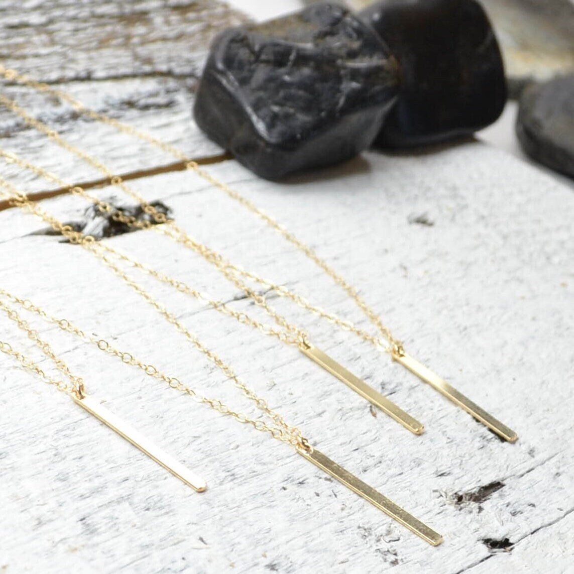 Gold Filled Long Bar Necklace Vertical, Gold Filled Bar Hammered Bar Layered Necklace