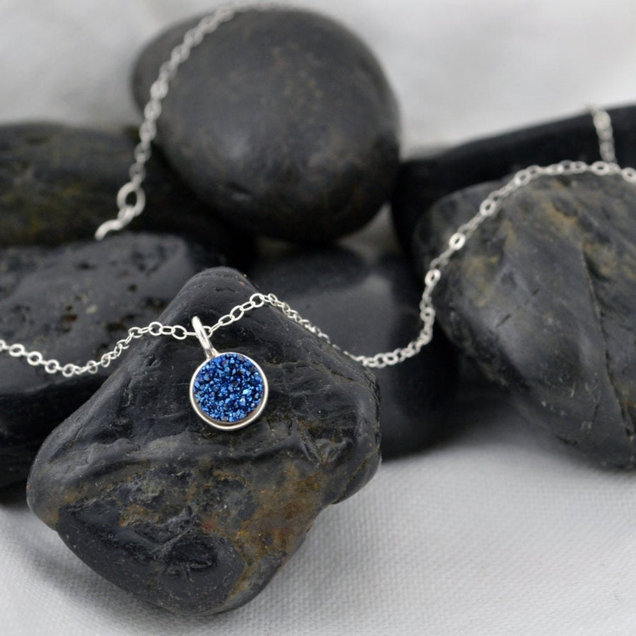 Small Midnight Blue Druzy Coin Necklace in Gold Filled or Sterling Silver,Dark Blue Pendant or Charm Necklace