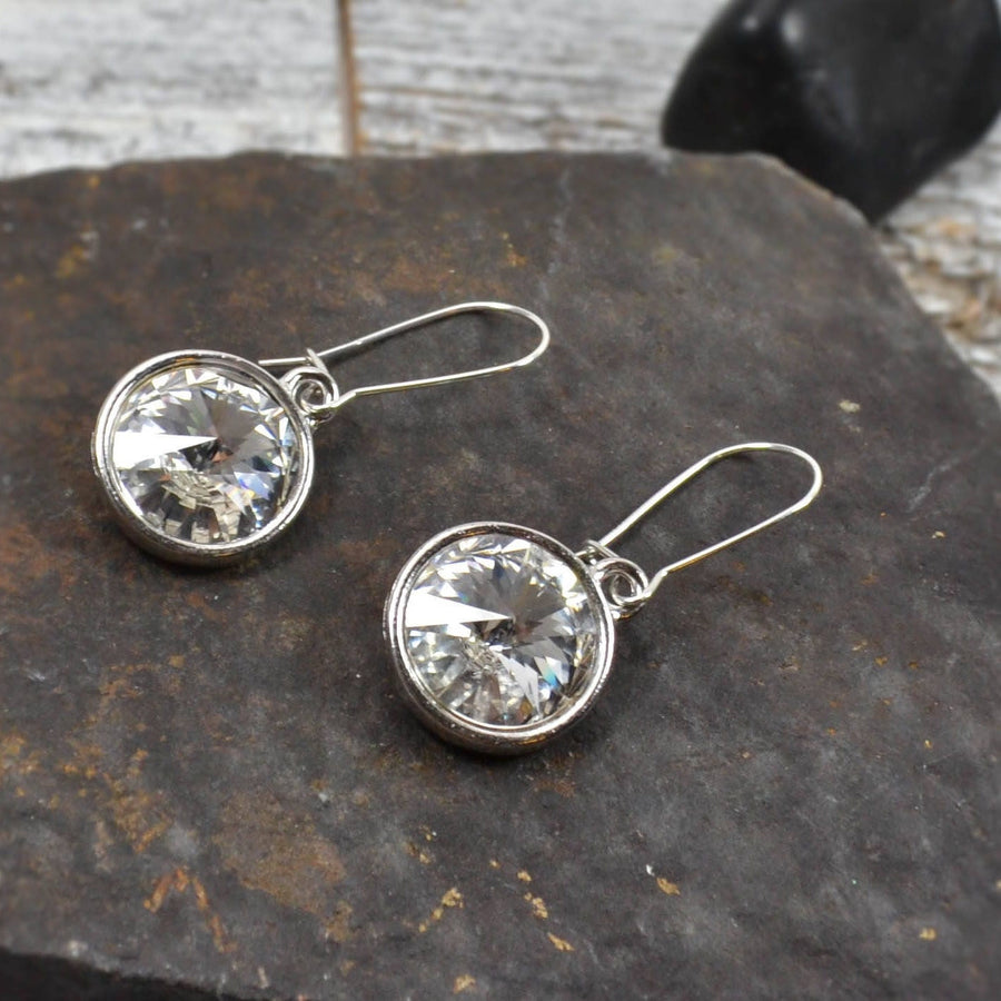 Rivoli Swarovski Crystal Dangle Earrings, Large CZ, Drop Sterling Silver Earring Rhinestone, Round Diamond Earring, Wedding Bridesmaids Gift