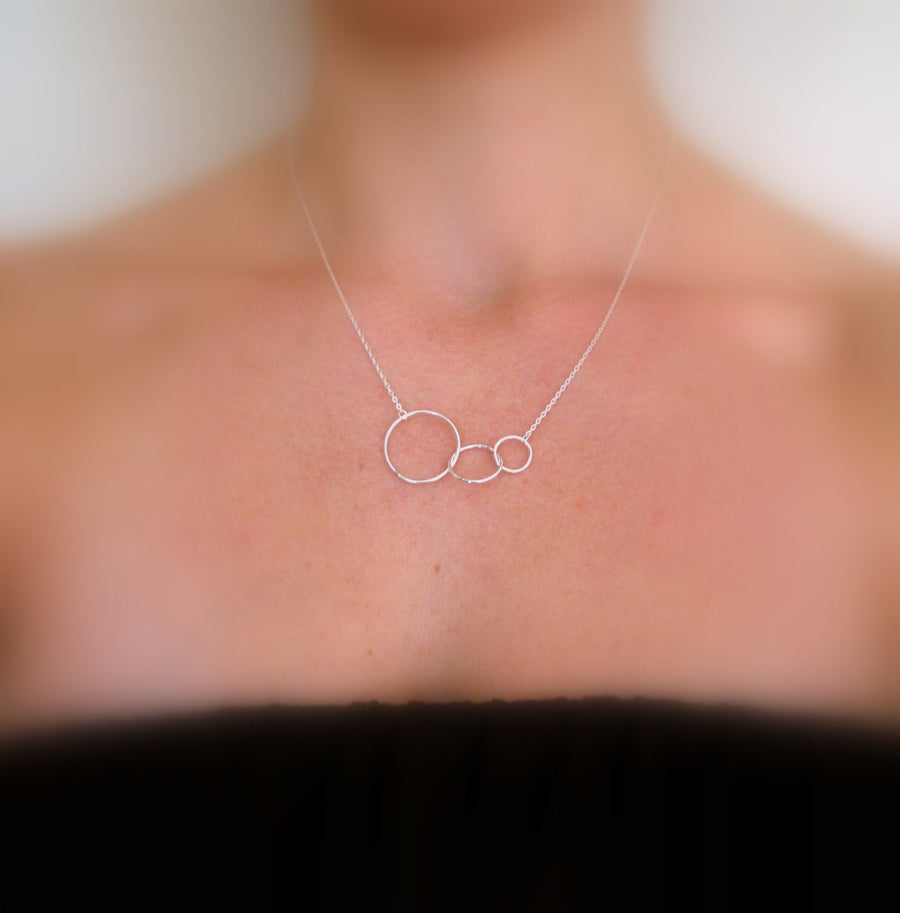 Silver Circles, Sterling Silver Infinity Necklace - Three Circle Necklace, 3 - Asymmetrical Rings, Small Pendant, Family Necklace, Infinity