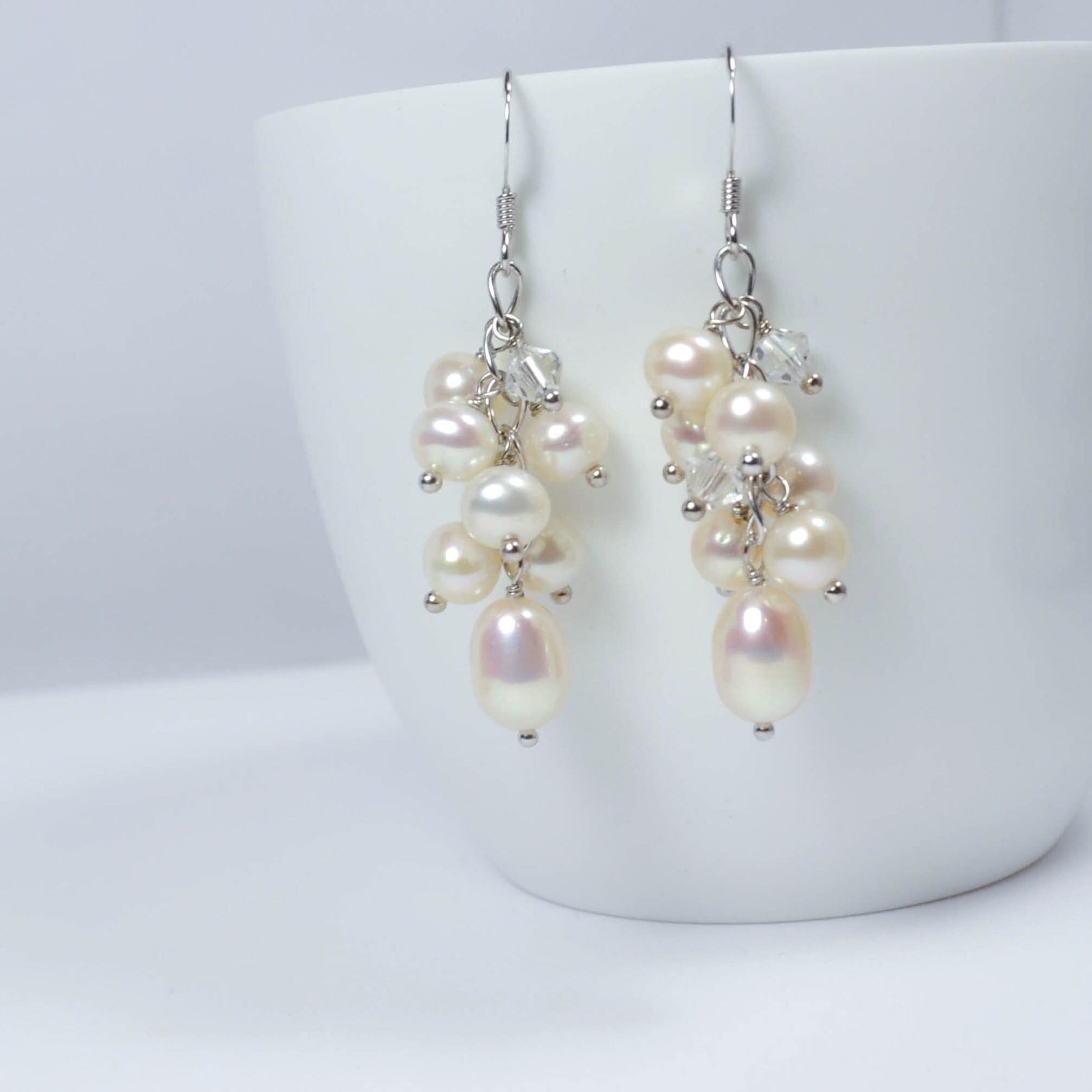 Long Crystal and Freshwater Pearl Cluster Earrings in Gold Filled or Sterling Silver, Swarovski Crystal and Natural and Real Pearl Earrings