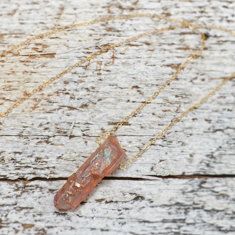 Raw Aura Healing Crystal Necklace in Gold Filled or Sterling Silver- Peach Quartz Pendant Necklace, Point Crystal on Thin GF Gold Chain