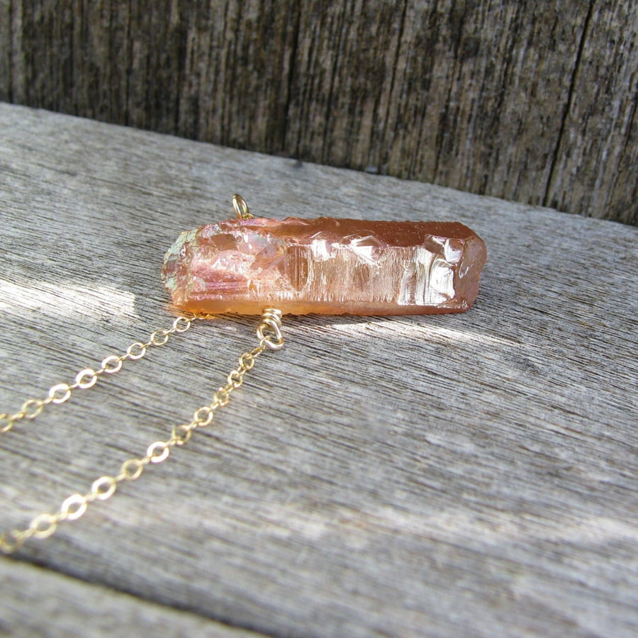 Raw Aura Healing Crystal Necklace in Gold Filled or Sterling Silver- Peach Quartz Pendant Necklace, Point Crystal on Thin GF Gold Chain