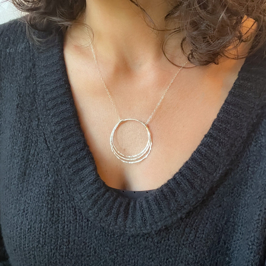 Hammered Sterling Silver Necklace, Thin Circle Necklace, Three Circle Pendant, Silver Karma Necklace, Bridesmaid Present, Silver Infinity