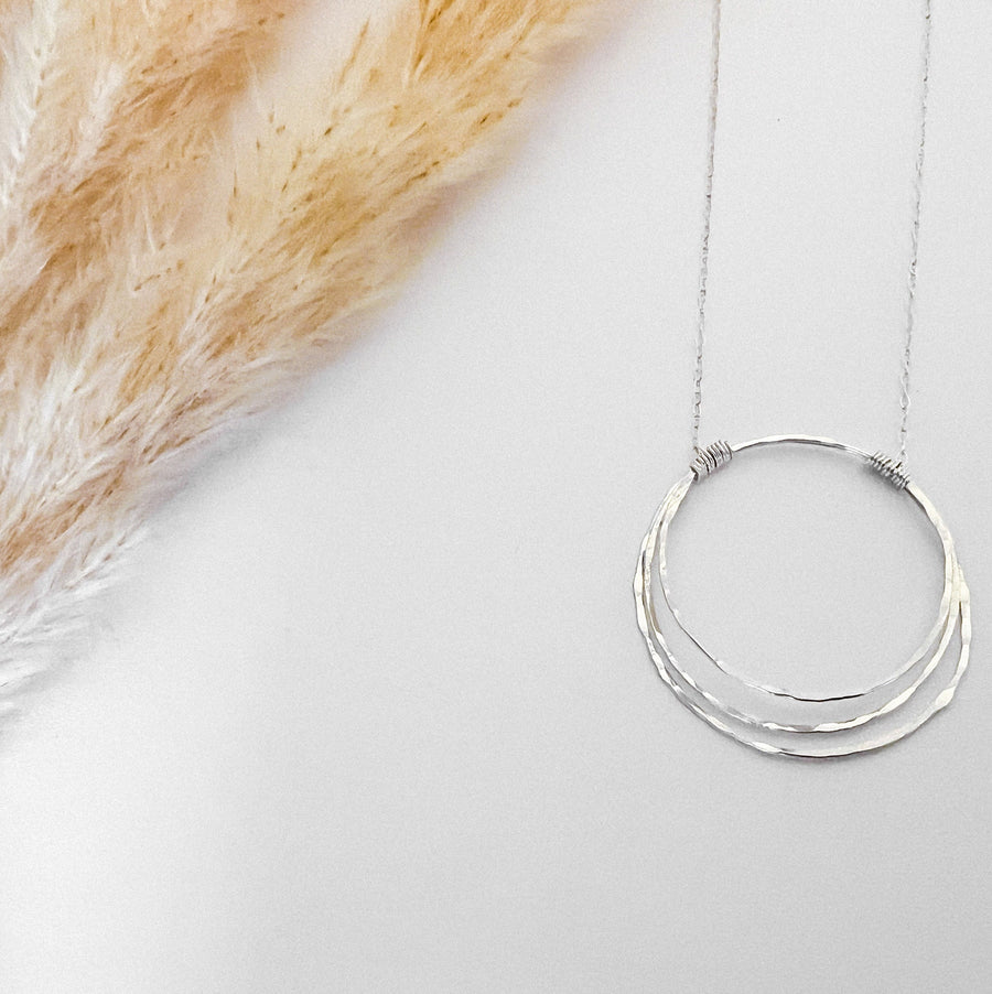 Hammered Sterling Silver Necklace, Thin Circle Necklace, Three Circle Pendant, Silver Karma Necklace, Bridesmaid Present, Silver Infinity