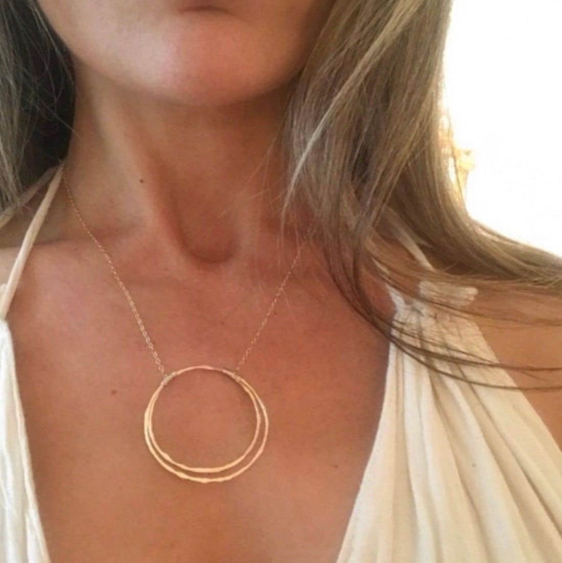 Hammered Gold Necklace, Gold Circle Necklace, Gold Pendant, Karma Necklace, Two Circle, Gold Bridesmaid Necklace, Double Circle Charm