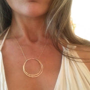 Hammered Gold Necklace, Gold Circle Necklace, Gold Pendant, Karma Necklace, Two Circle, Gold Bridesmaid Necklace, Double Circle Charm