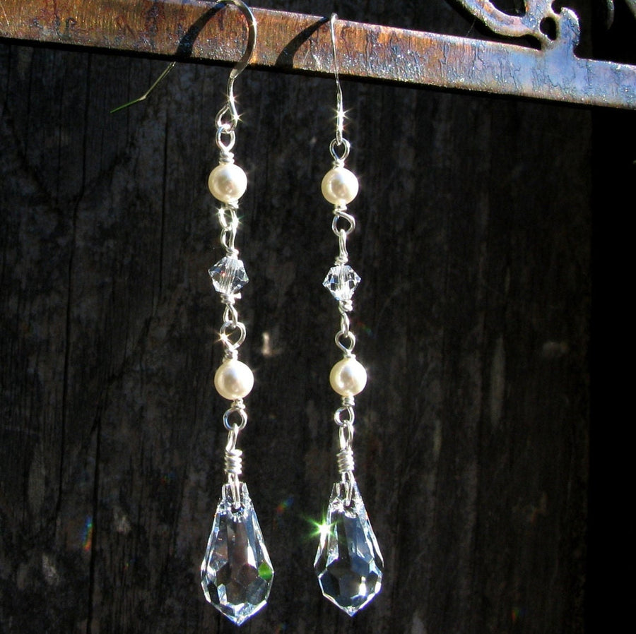 Pearl and Crystal Drop Earrings, Pearl Bridal Earrings - Long Cascading Crystal Wedding Jewelry Set - Classic Pearl Earring