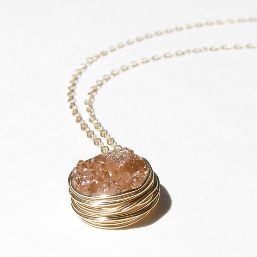 14K Gold Peach Druzy Necklace, Champagne Druzy Jewelry, Druzy Quartz Agate, Wire Wrapped, Bezel Set Druzy, Handmade Pink Organic Earrings