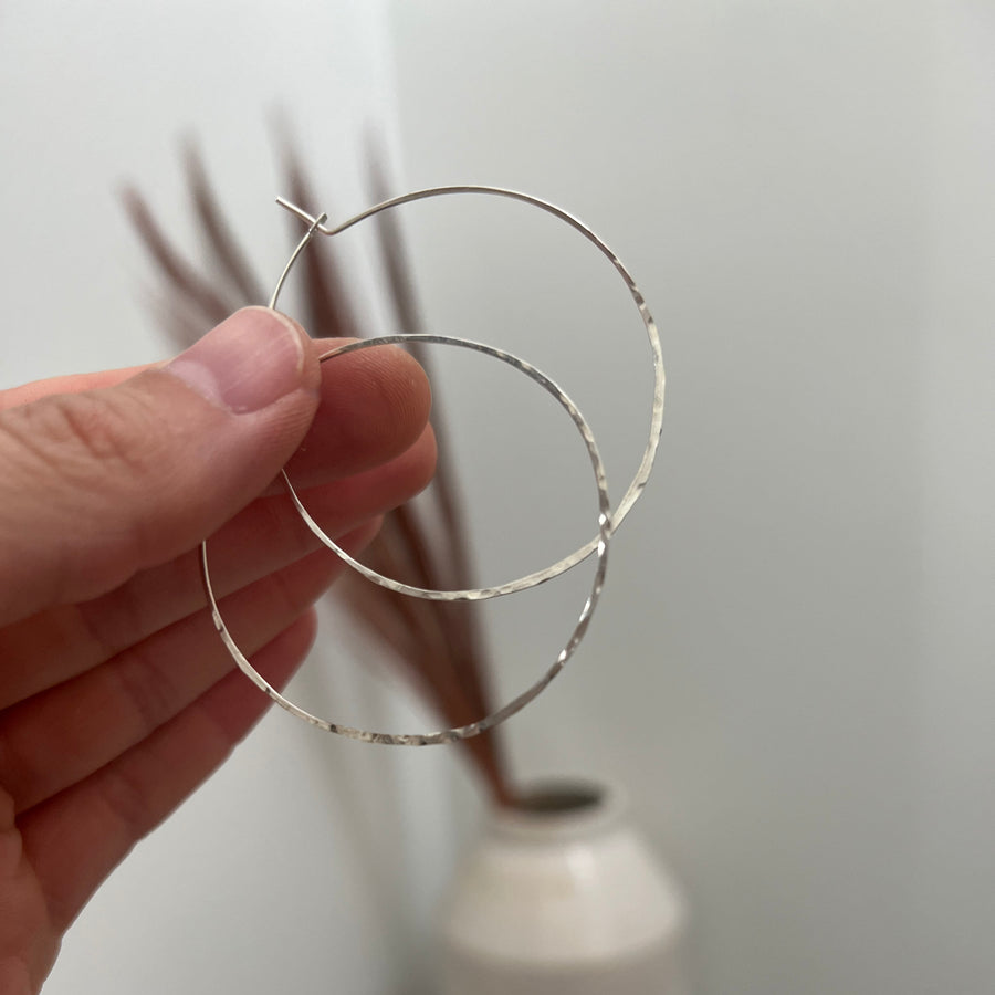 Thin Wire Hoop Earrings in Gold Filled or Sterling Silver, Lightweight Hammered or Smooth Large Hoop, Big Hoops Gift