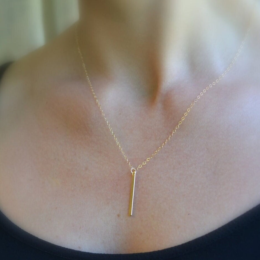 Gold Filled Long Bar Necklace Vertical, Gold Filled Bar Hammered Bar Layered Necklace