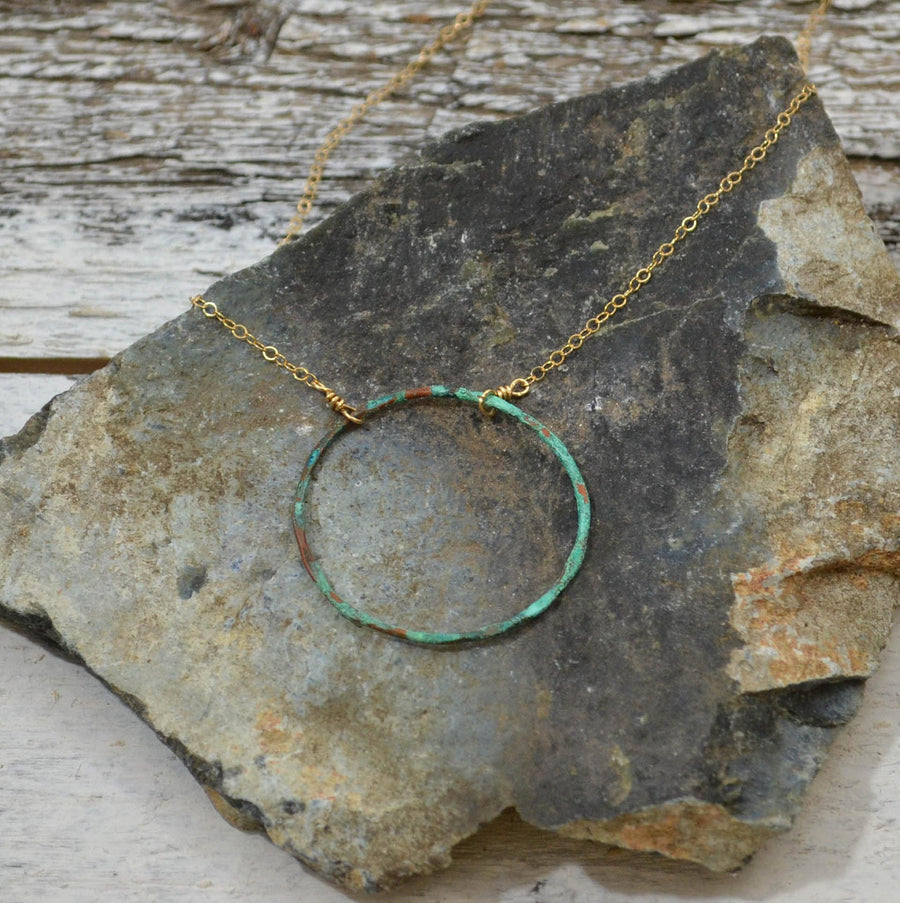 Turquoise Copper Patina Circle Necklace with Gold Filled or Sterling Silver Chain, Raw Verdigris Patina