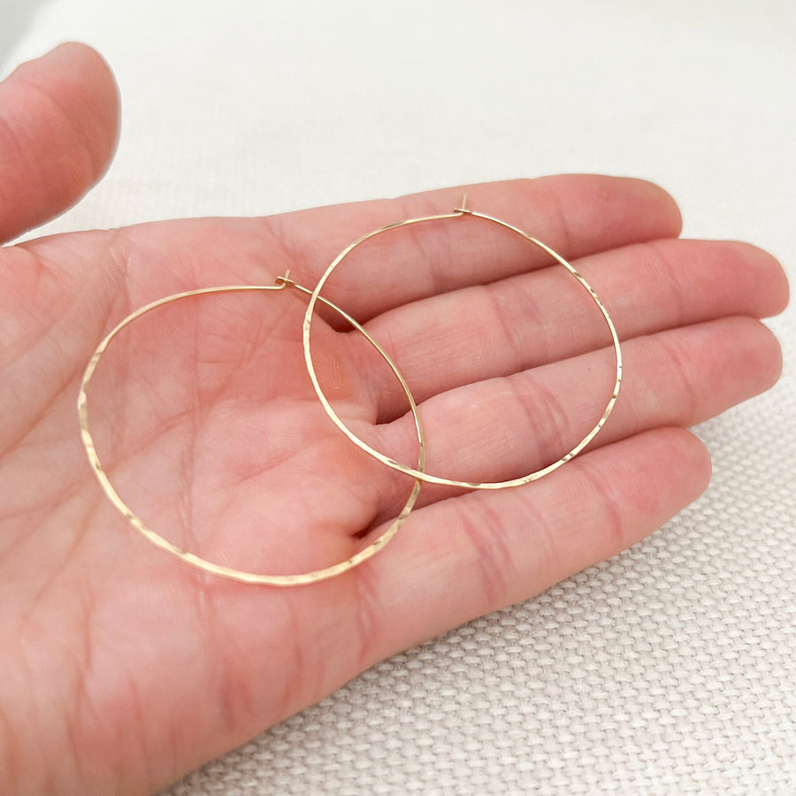 Thin Wire Hoop Earrings in Gold Filled or Sterling Silver, Lightweight Hammered or Smooth Large Hoop, Big Hoops Gift