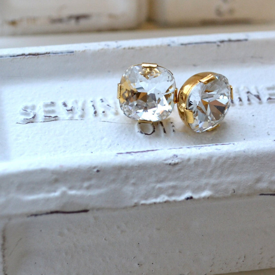 Classic Cushion Cut Swarovski Crystal Studs in Gold Filled or Sterling Silver, Large CZ Square Crystal Post Earrings,