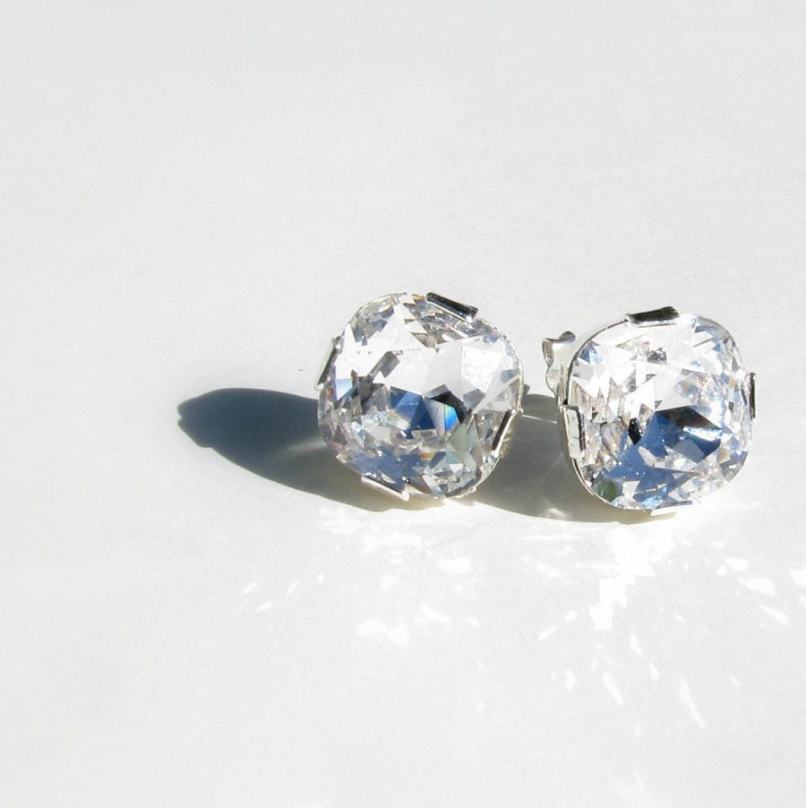 Vintage Cushion Cut Swarovski Crystal Studs in Sterling Silver or Gold Filled, Large CZ Post Earrings, Square Diamond Bridesmaids Gift