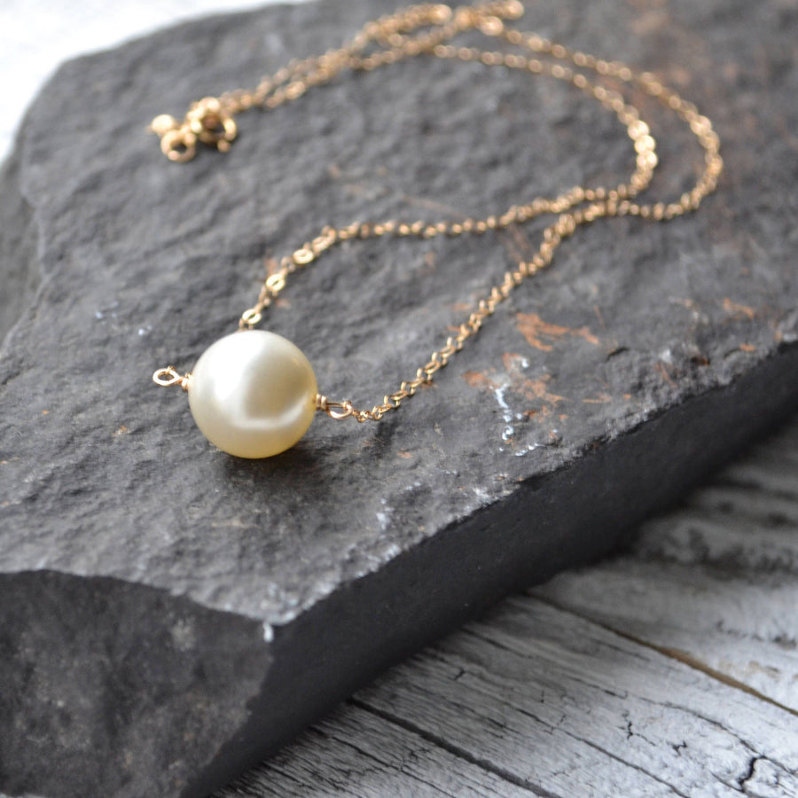 Large 12mm Round Pearl Necklace in Gold Filled or Sterling Silver, Single GF Pearl Necklace, Big Pearl Solitaire Necklace