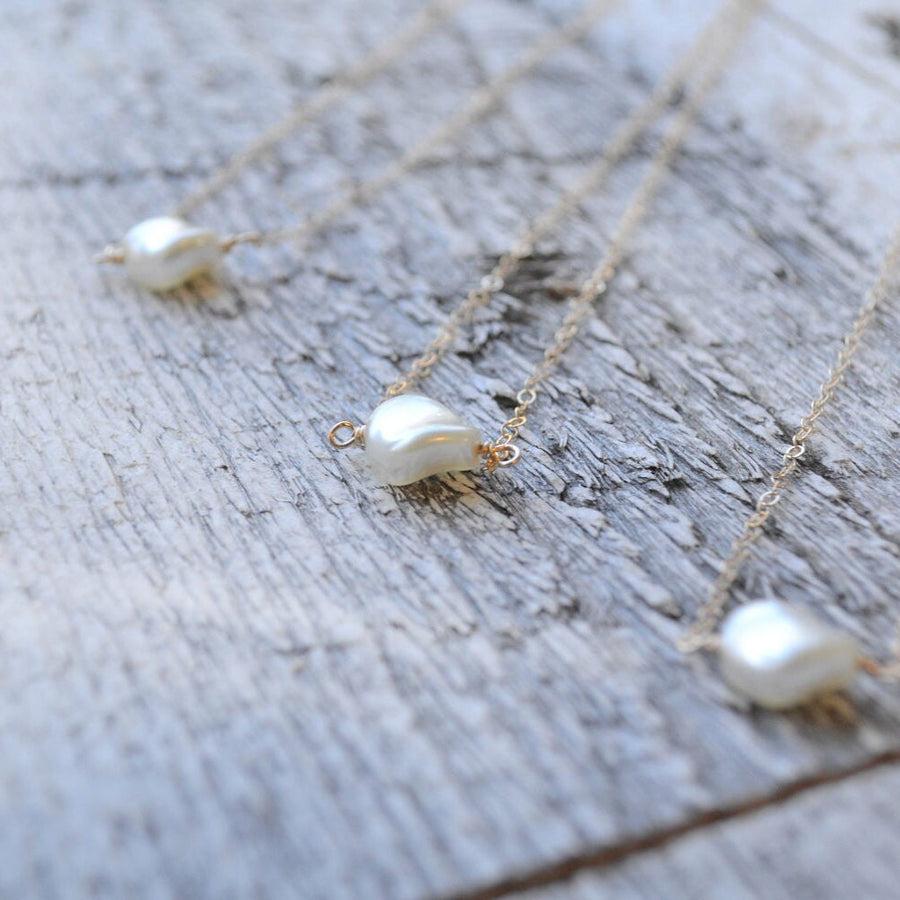 Twisted Flat Pearl Solitaire in White or Ivory with Gold Filled or Sterling Silver, Unique Single Pearl with GF Chain, Pearl Bridal Jewelry