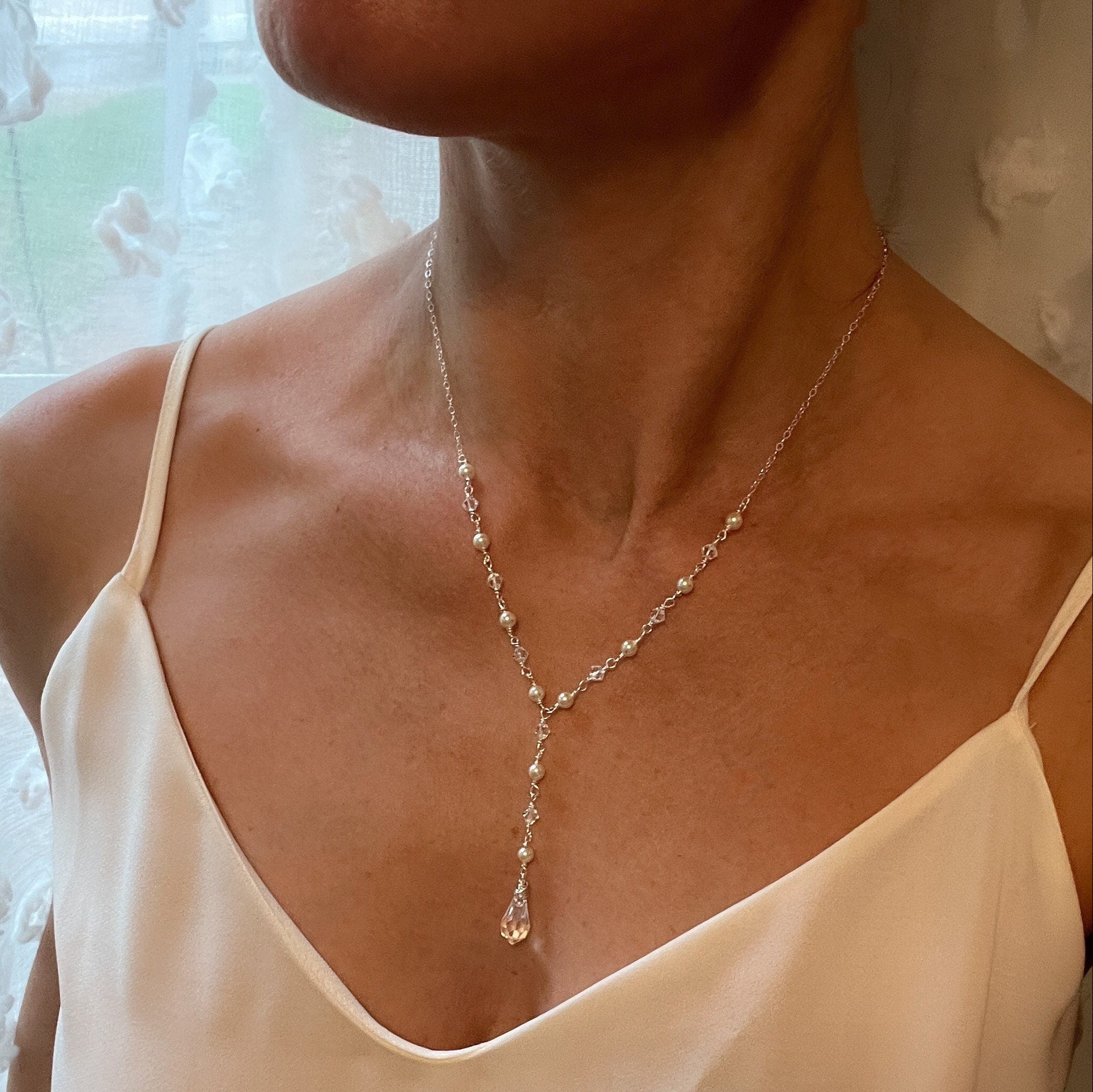 Pearl and Crystal Y Necklace, Long Lariat Necklace, Bridal Jewelry Set, Y Necklace Silver, Rose Gold Crystal Drop Necklace, Simple Wedding