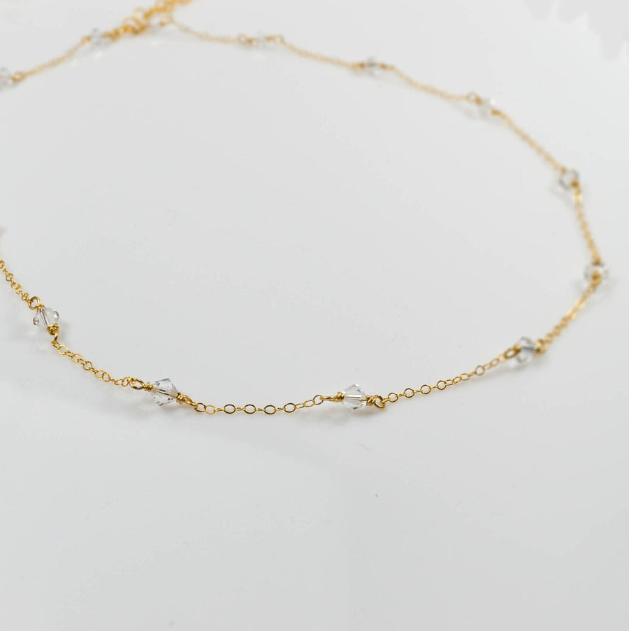 Clear Crystal Station Chain Necklace in Gold Filled or Sterling Silver, Tin Cup Necklace, Crystal Wedding Necklace for Bride or Bridesmaid