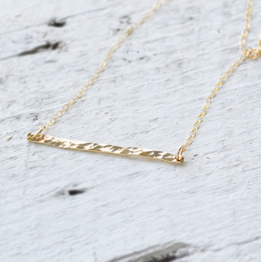 Hammered 14k gold filled bar necklace on an adjustable 16-18 inch chain, sleek modern bar jewelry handcrafted in Oregon.