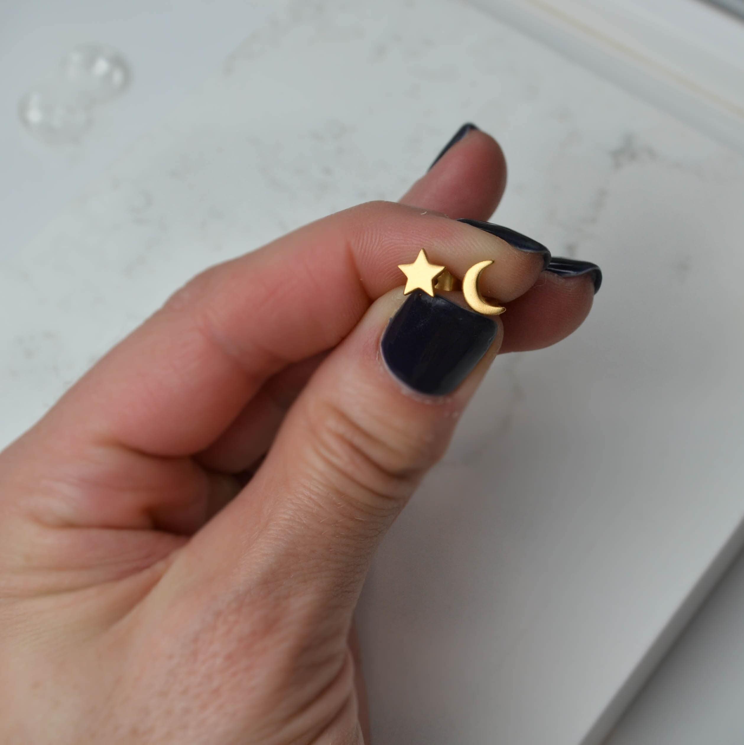 Matte Gold Star and Moon Earrings, Second Hole Earrings, Unisex Stud Earrings, Mens Studs, Gold Moon Earrings, Gold Studs, Gold Star Earring