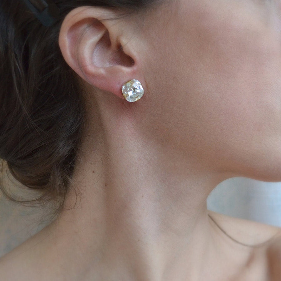 Classic Cushion Cut Swarovski Crystal Studs in Gold Filled or Sterling Silver, Large CZ Square Crystal Post Earrings,