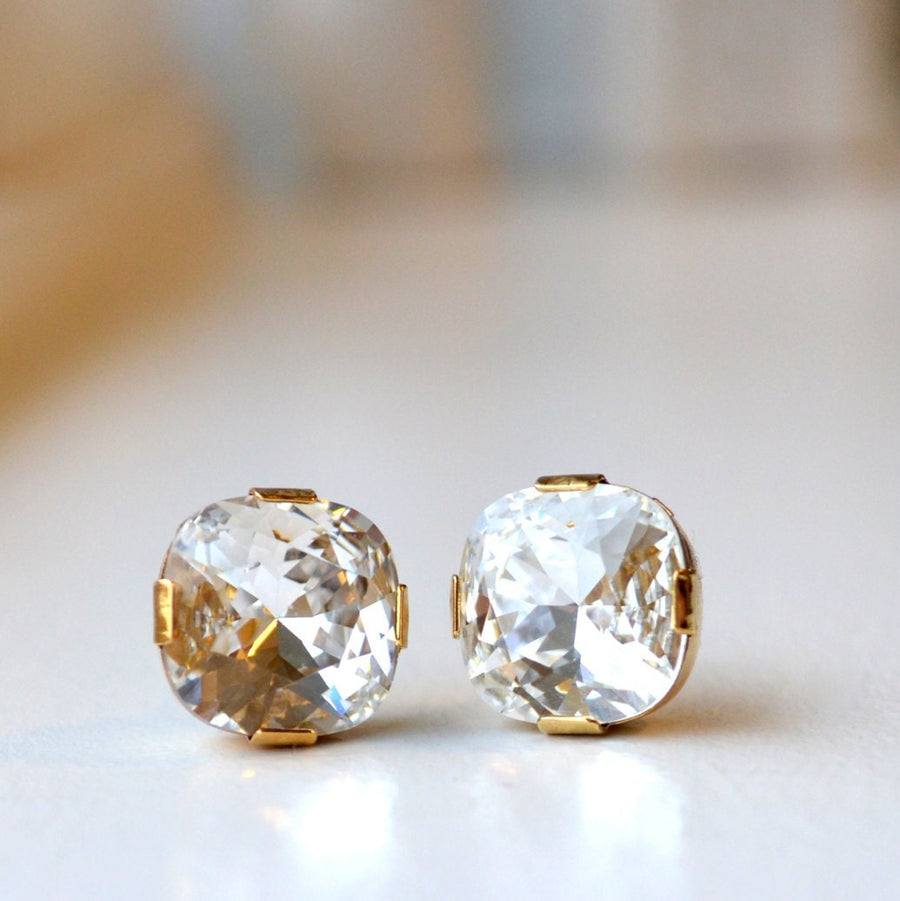 Classic Cushion Cut Swarovski Crystal Studs in Gold Filled or Sterling Silver, Large CZ Square Crystal Post Earrings,