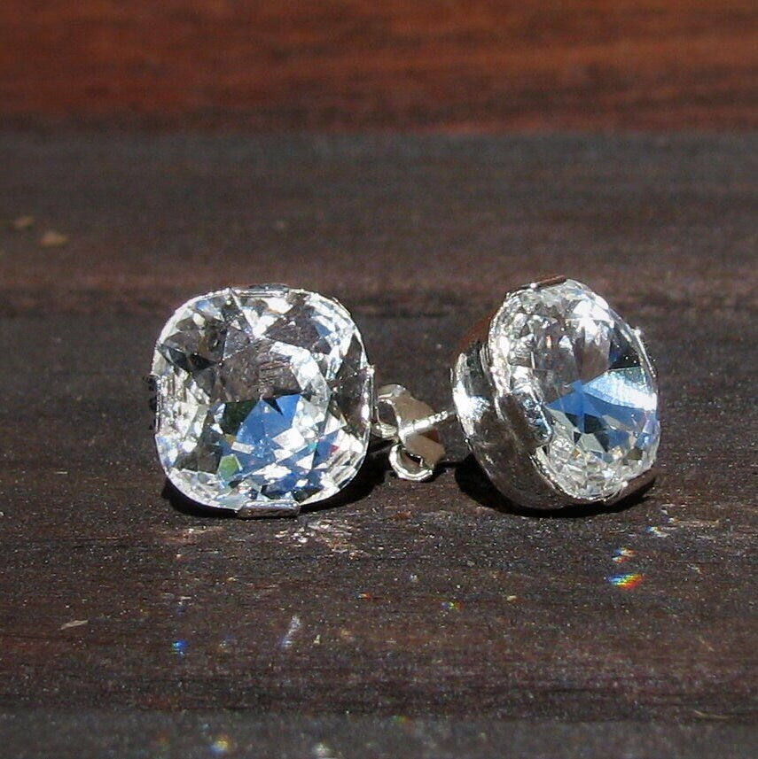 Vintage Cushion Cut Swarovski Crystal Studs in Sterling Silver or Gold Filled, Large CZ Post Earrings, Square Diamond Bridesmaids Gift