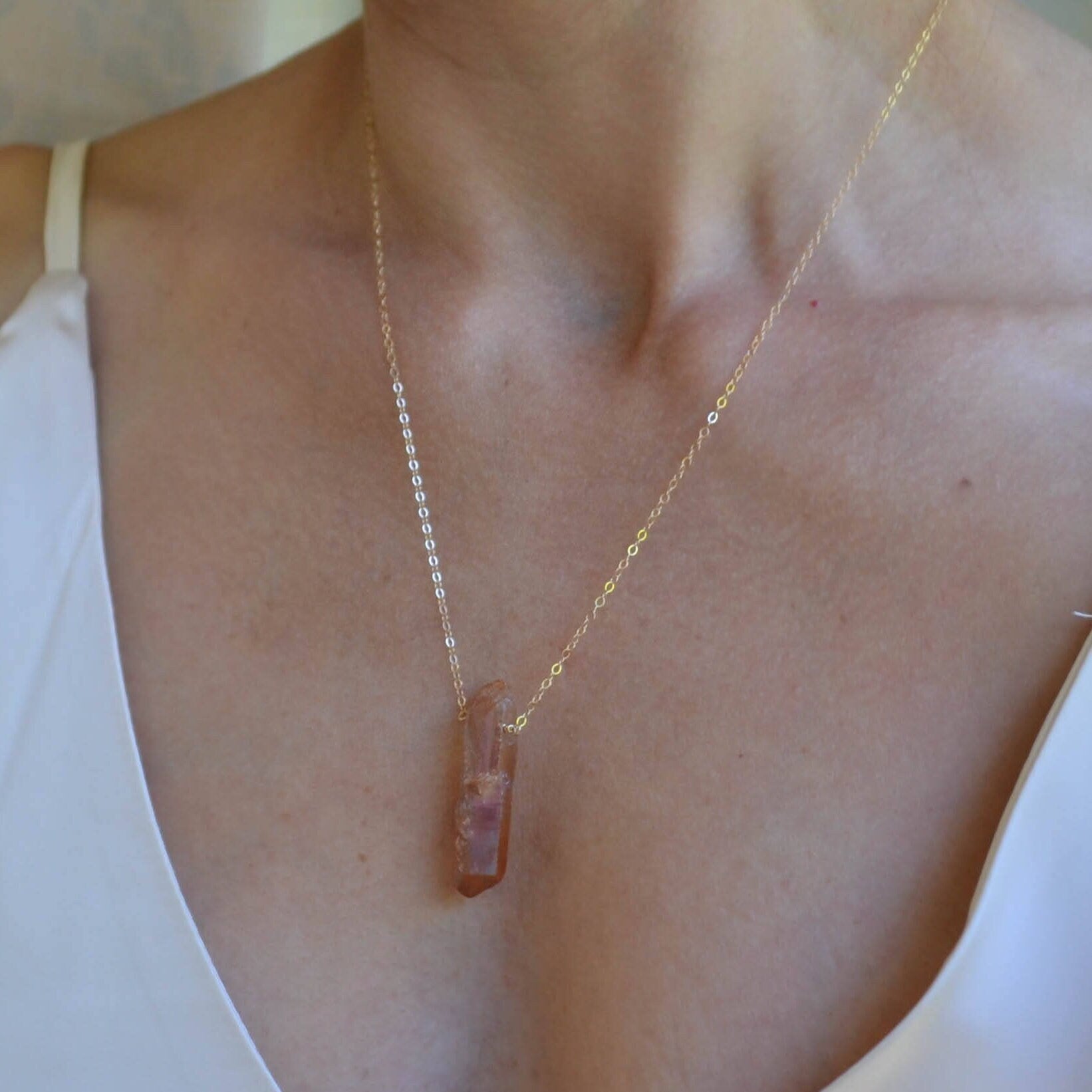 Raw Aura Healing Crystal Necklace in Gold Filled or Sterling Silver- Peach Quartz Pendant Necklace, Point Crystal on Thin GF Gold Chain