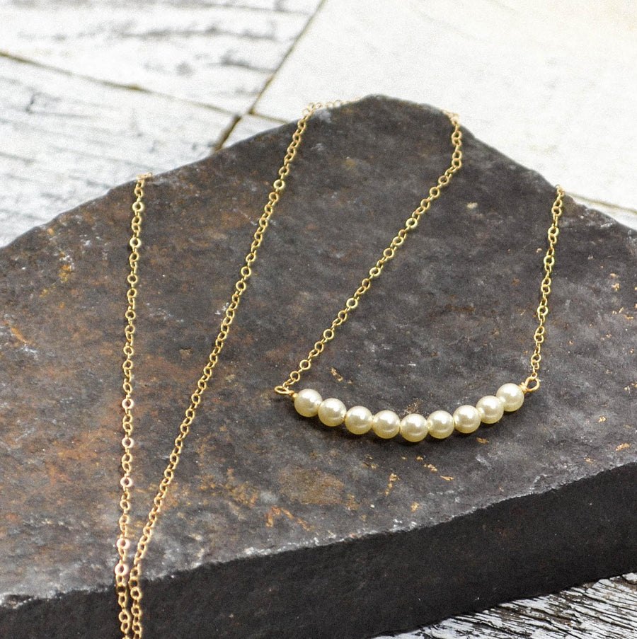 Tiny Round Pearl Necklace in Gold Filled or Sterling Silver, Small GF Pearl Bar Necklace, Pearl Bridesmaids Necklace Set, Gold Pearl