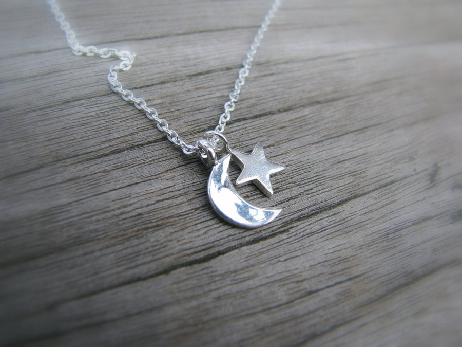 Star and Crescent Moon Necklace, Sterling Silver, Small Star, Tiny Moon and Star, Shooting Star Necklace, Delicate Simple Everyday Jewelry