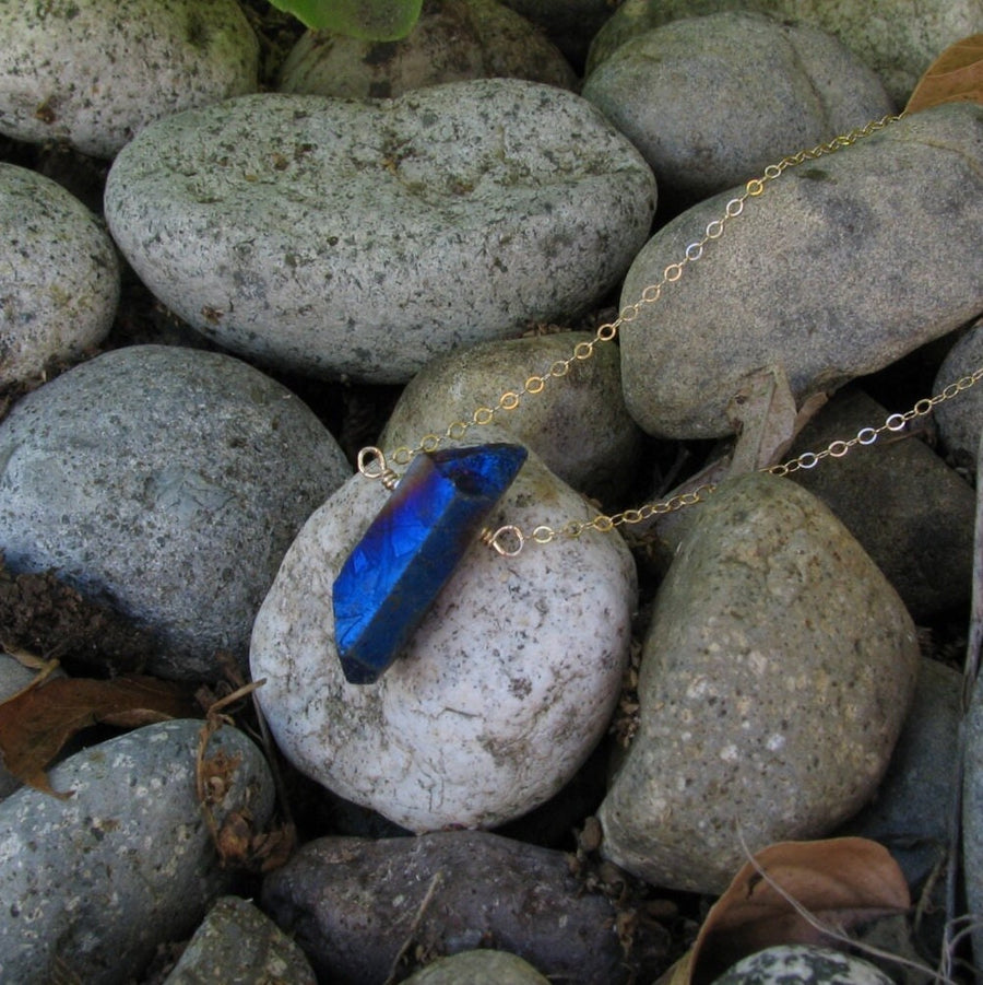 Iridescent Navy Blue Raw Crystal Point Necklace in Sterling Silver or Gold Filled, Blue Quartz Pendant, Aura Healing Crystal Jewelry