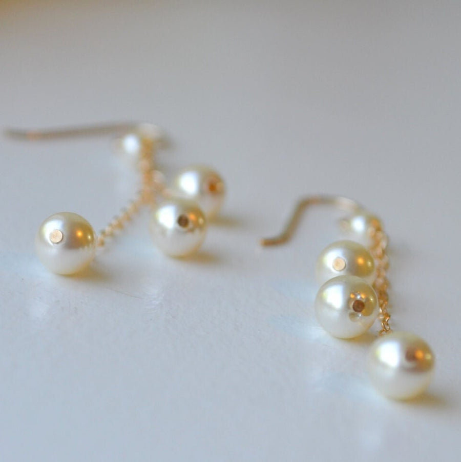 Long Pearl Drop Chain Earring in 14k Gold Filled or Sterling Silver, Three Pearl Dangle, Wedding Pearl Earrings