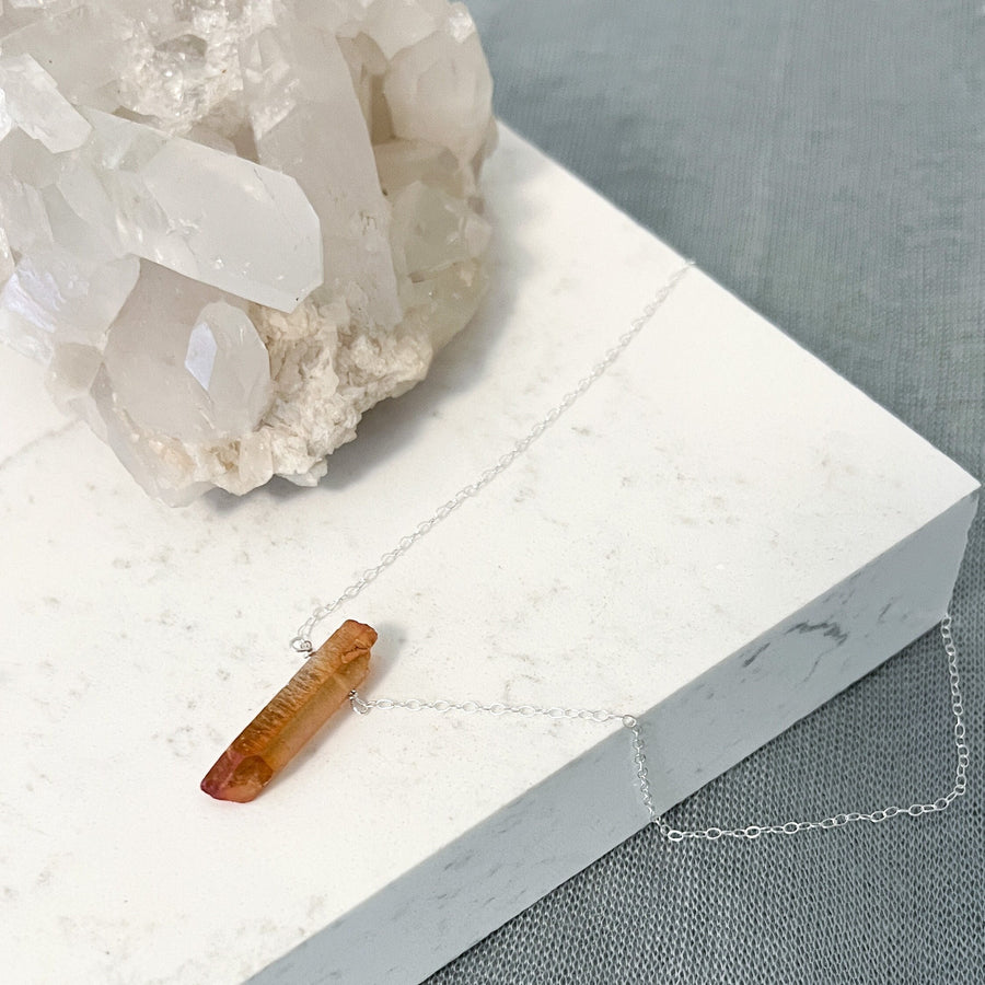 Raw Aura Healing Crystal Necklace in Gold Filled or Sterling Silver- Peach Quartz Pendant Necklace,  Point Crystal on Thin GF Gold Chain